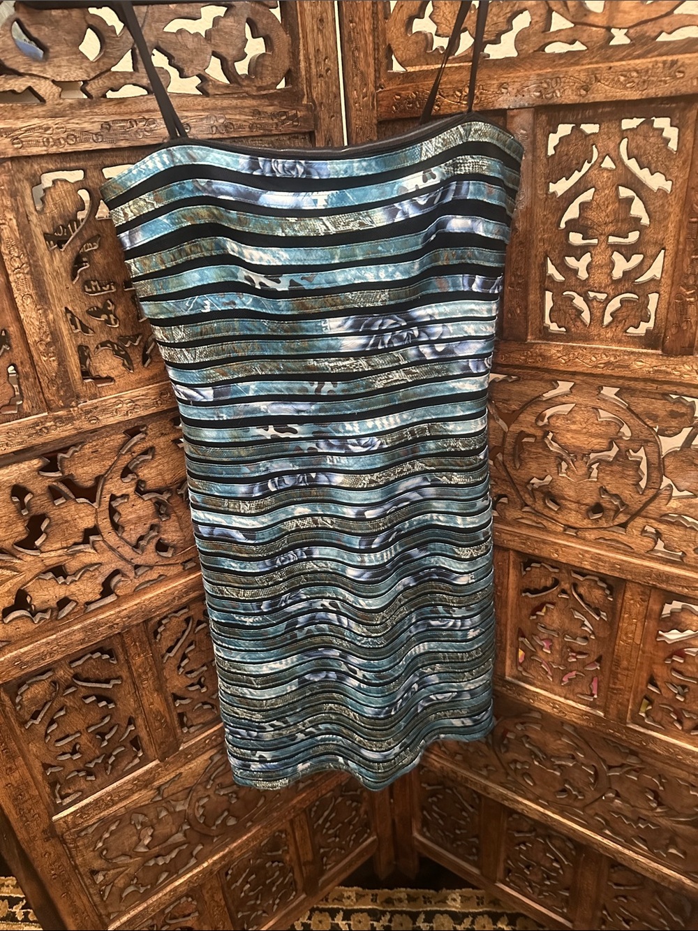 Xscape Blue and Black Patterned cocktail Dress